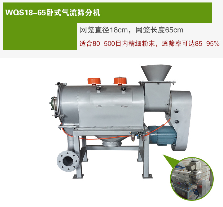 WQS18-65臥式氣流篩分機網(wǎng)籠直徑為18cm，網(wǎng)籠長度為65cm